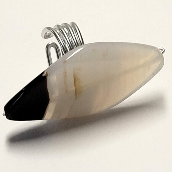 Banded White Black Agate Polished Ring Adjustable Band Semi Precious Ring - Picture 2 of 8